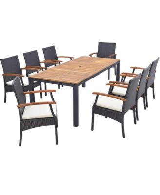 9 PCS Patio Rattan Dining Set with Acacia Wood Table, Cushions, 1.9" Umbrella Hole