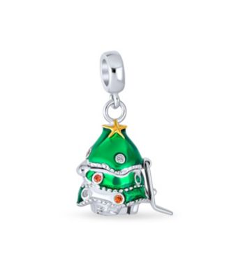 Green Christmas Tree Hidden Santa Claus Dangle Charm Bead .925 Sterling