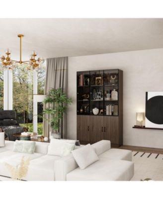 10-Shelf Bookshelf With Glass Doors, LED Lights, Drawers