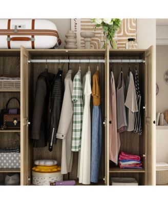 1 PC Wood Grain Rattan Doors Design Wardrobe with 5-Drawers Armoires