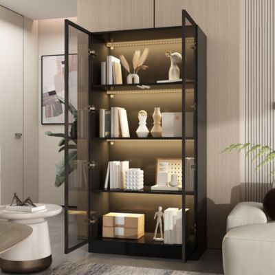 LED Lights Buffet Display Cabinet Bookcase With Glass Doors, Aluminum Framed