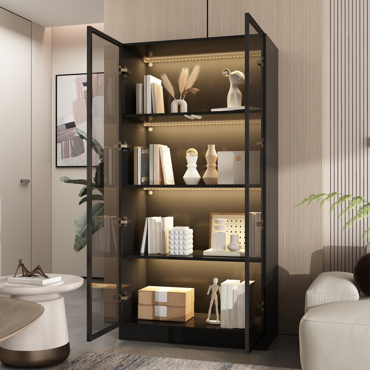 Homsee Led Lights Buffet Display Cabinet Bookcase With Glass Doors, Aluminum Framed
