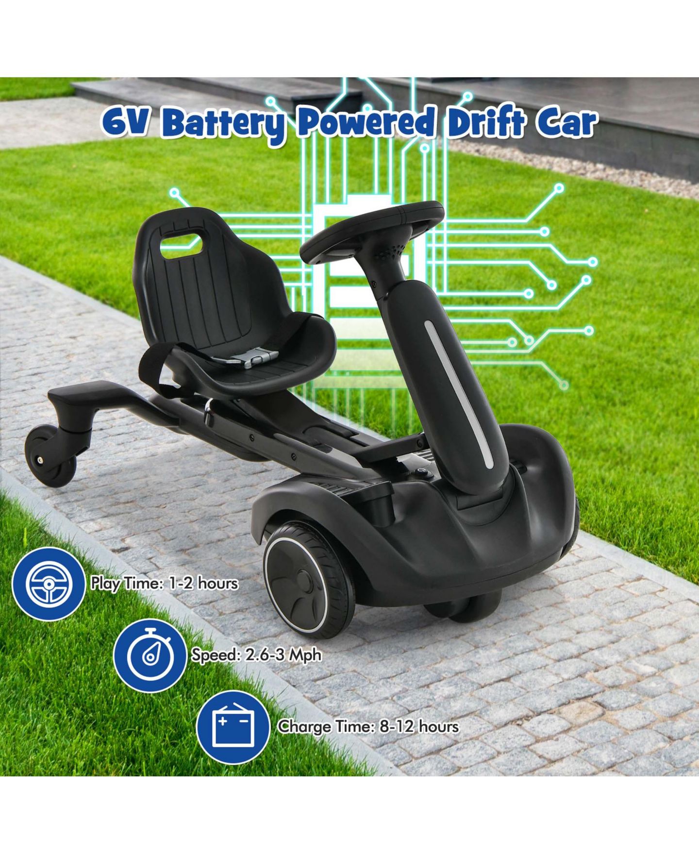 Детская игрушка Costway 6V Kids Ride-On Drift Car 360-Degree Spin Go-Kart, 55 lb. Capacity, Ages 3-8, цвет: Чёрный — фото 5