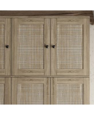 Brown Rattan Doors Wardrobe with 3-Drawers,Hanging Rod,Top Cabinet