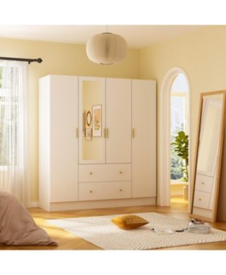 White 4-Door Armoires with Mirror, 2 Hanging Rods, 2-Drawers