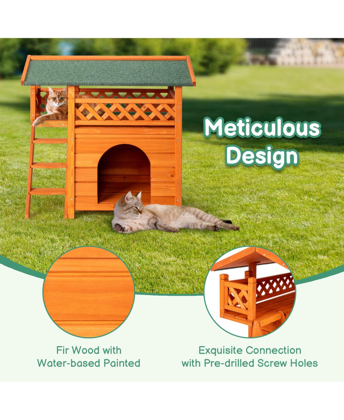 Slickblue 2-Story Wooden Feral Cat House – Outdoor/Indoor Kitty Shelter with Door, Stairs, and Weatherproof Roof,& Green - Orange