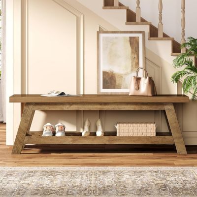 55" Wood Entryway Bench with Shoe Storage, Large 2-Tier Narrow Hallway Foyer Seating Bench