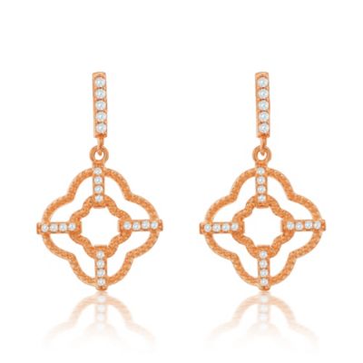 Suzy Levian Rose Sterling Silver White Cubic Zirconia Trellis Filigree Drop Dangle Earrings