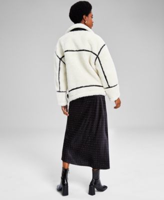 And Now This Now This Womens Sherpa Fleece Jacket Off The Shoulder Bodysuit Satin Sparkle Skirt Created For Macys In Black