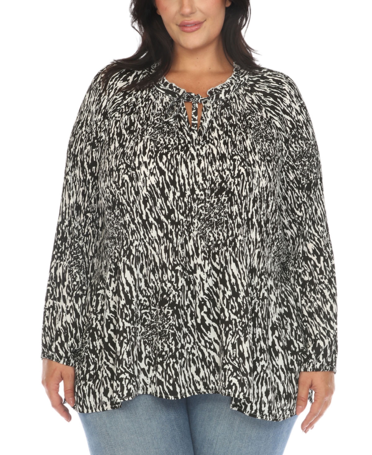Plus Size Printed Peasant Knit Blouse - White Olive