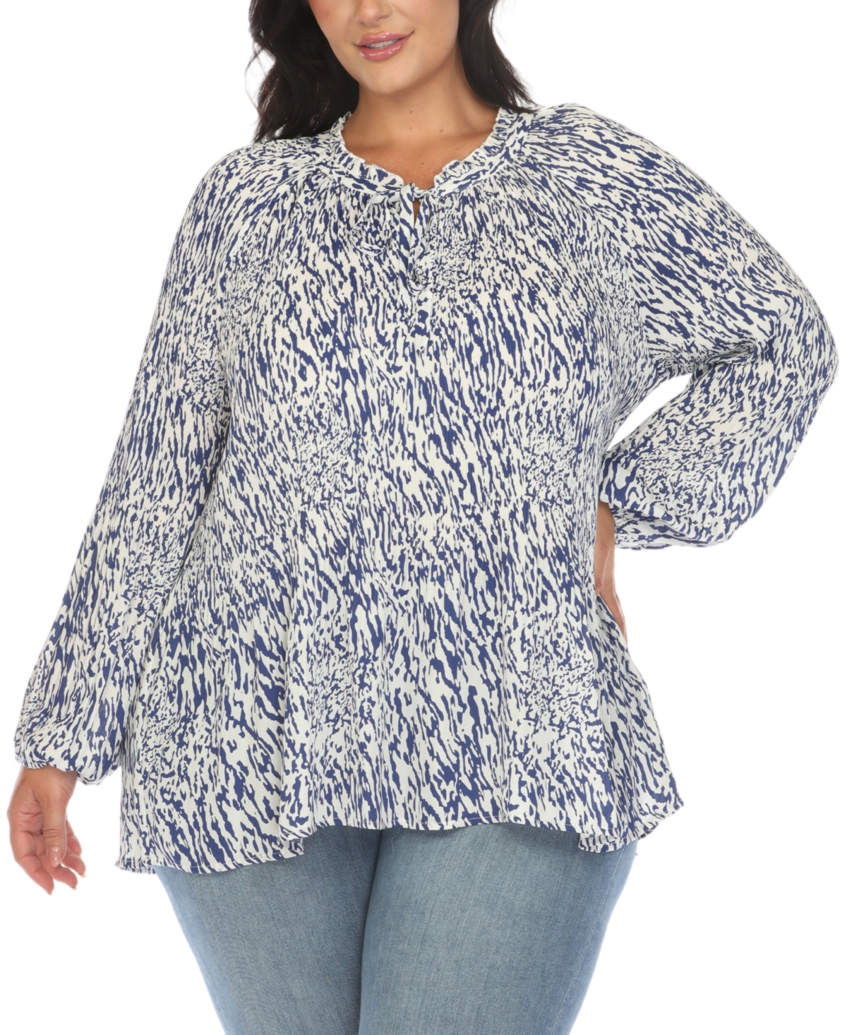 White Mark Plus Size Printed Peasant Knit Blouse In White Blue