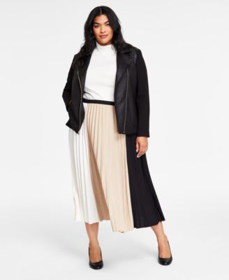 Plus Size Moto Jacket Turtleneck Sweater Pleated Skirt