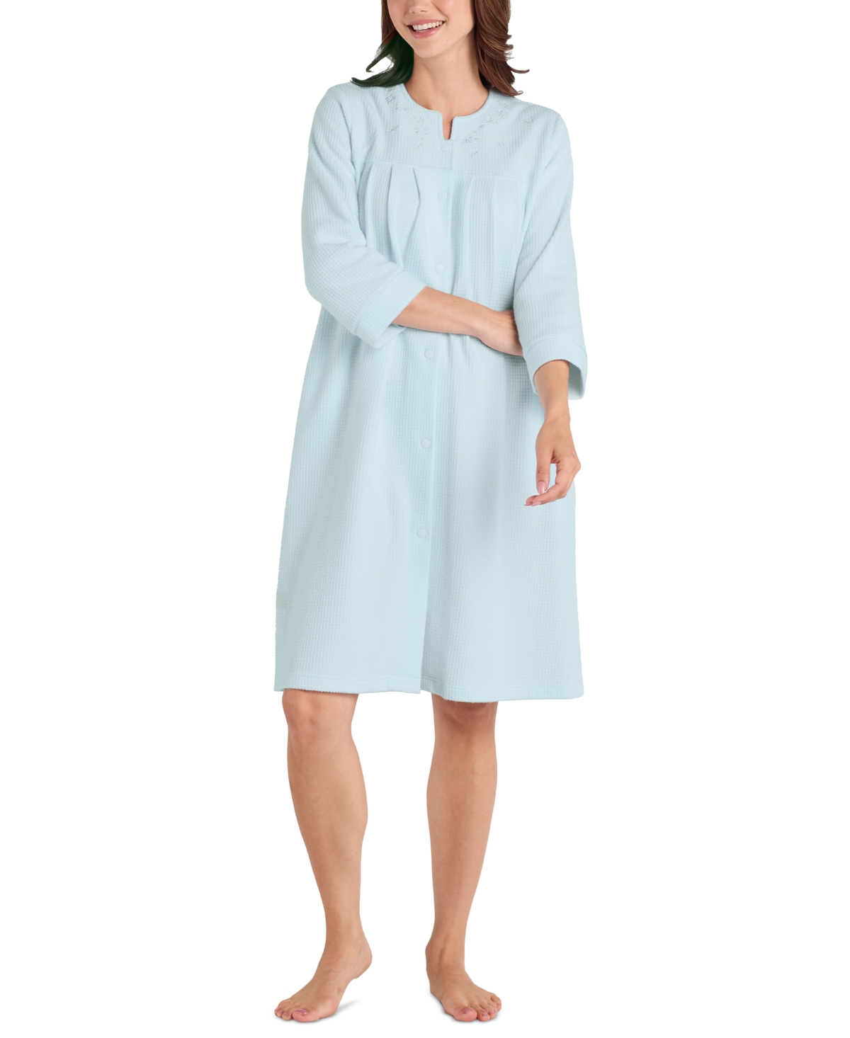 Miss Elaine Plus Size Embroidered Waffle-knit Grip Robe In Mint