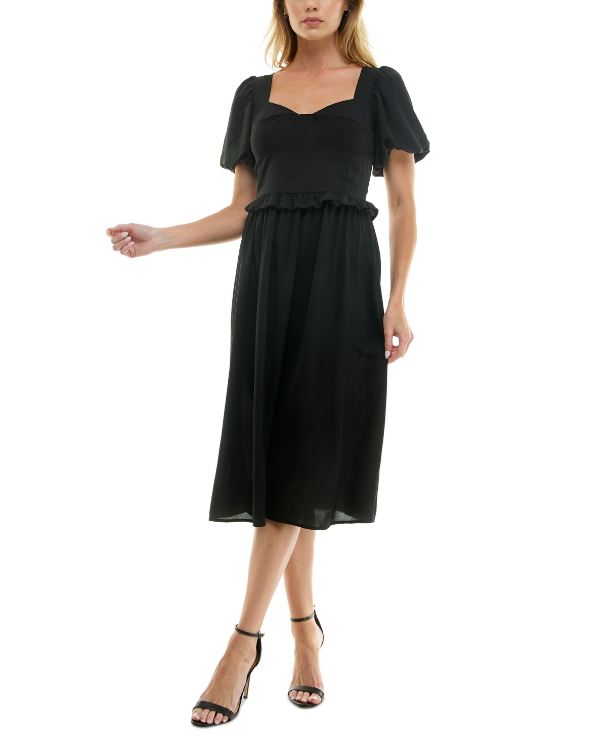 Juniors' Sweetheart Puff-Sleeve Midi Dress - Black