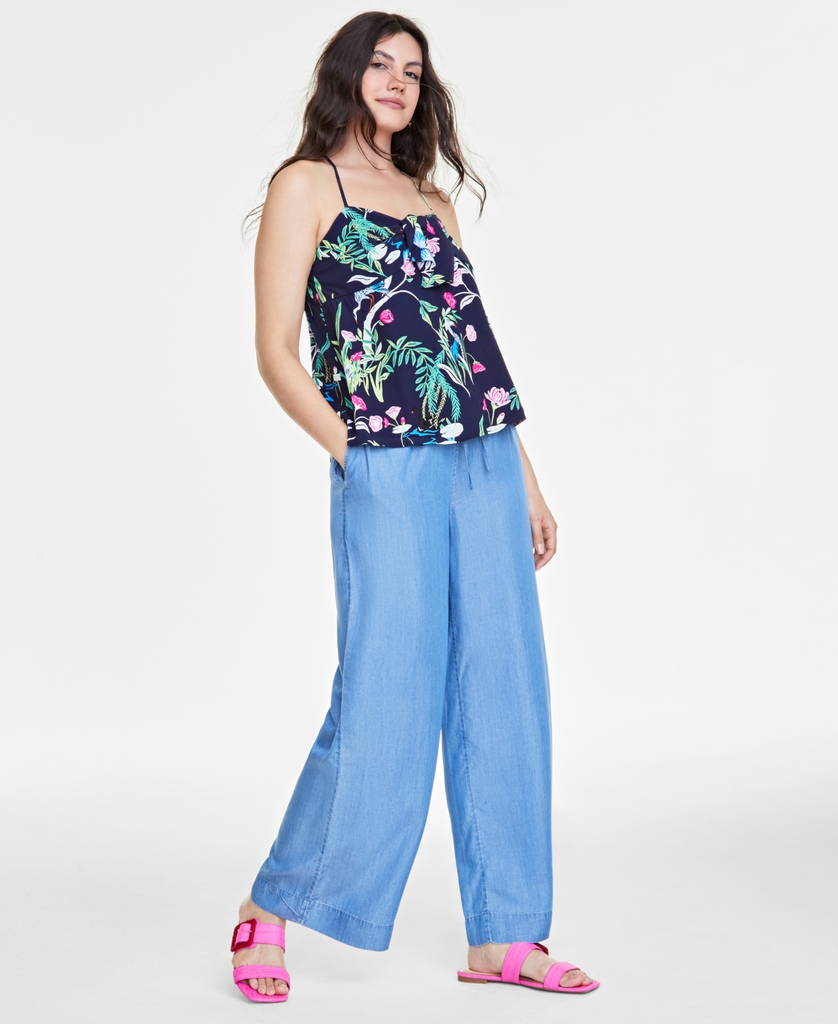 On 34th Women's Printed Knot-front Tank, Created For Macy's In Intrepid Blue
