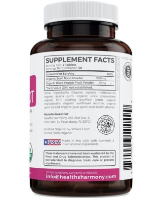 Organic Beet Root Tablets, Super Antioxidant and Nitrate Supplement for Athletic Performance and Stamina, Health's Harmony, 60ct