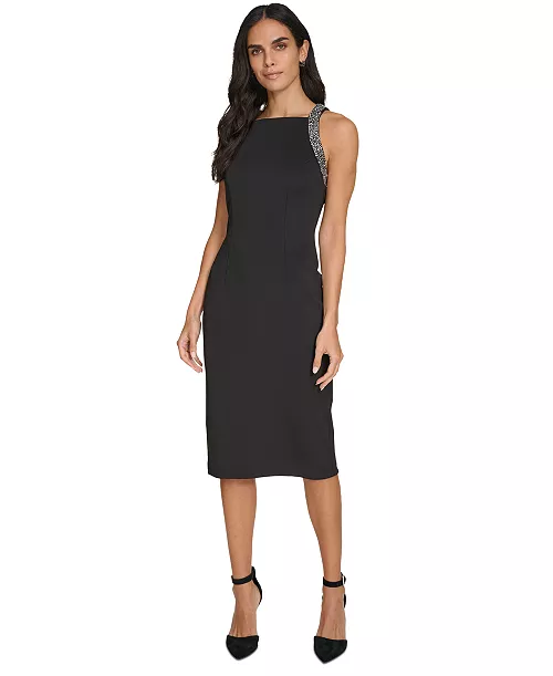 women's embellished scuba sheath dress