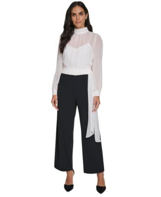Calvin Klein - Women's Mock-Neck Chiffon-Top Straight-Leg Jumpsuit