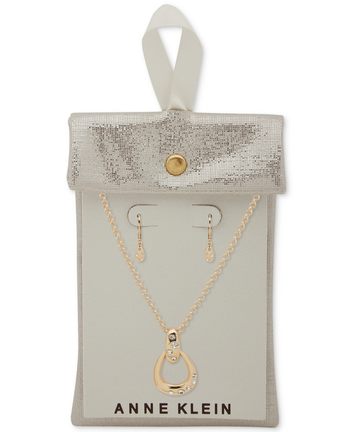 Anne Klein Gold-tone Pave Pear-shape Pendant Necklace & Drop Earrings Set In Crystal Wh