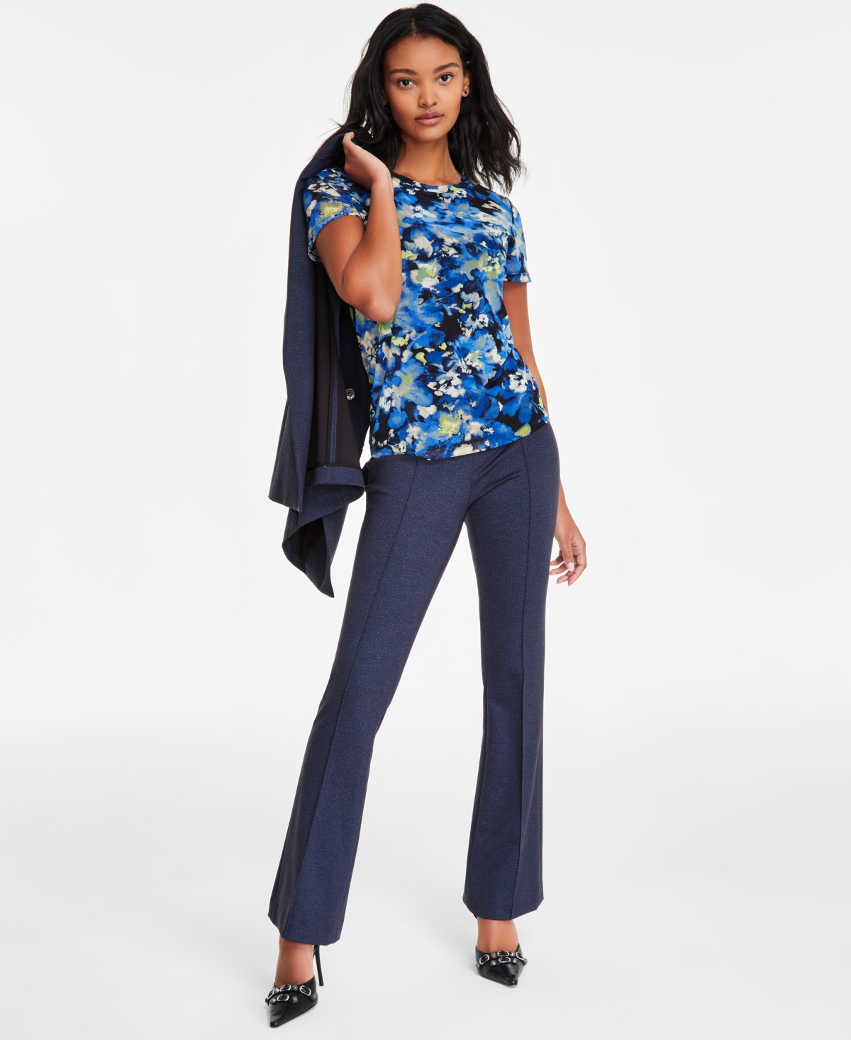 Bar Iii Women's Floral-print Mesh Short-sleeve T-shirt, Exclusively At Macy's In Cadet Dusk Multi