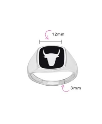 Signet Black Natural Onyx Square Western Texas Longhorn Buffalo Cow Antelope Skull Bull Ring Sterling Silver