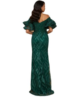 Women's Illusion Neck, Long Bell Sleeve Gown