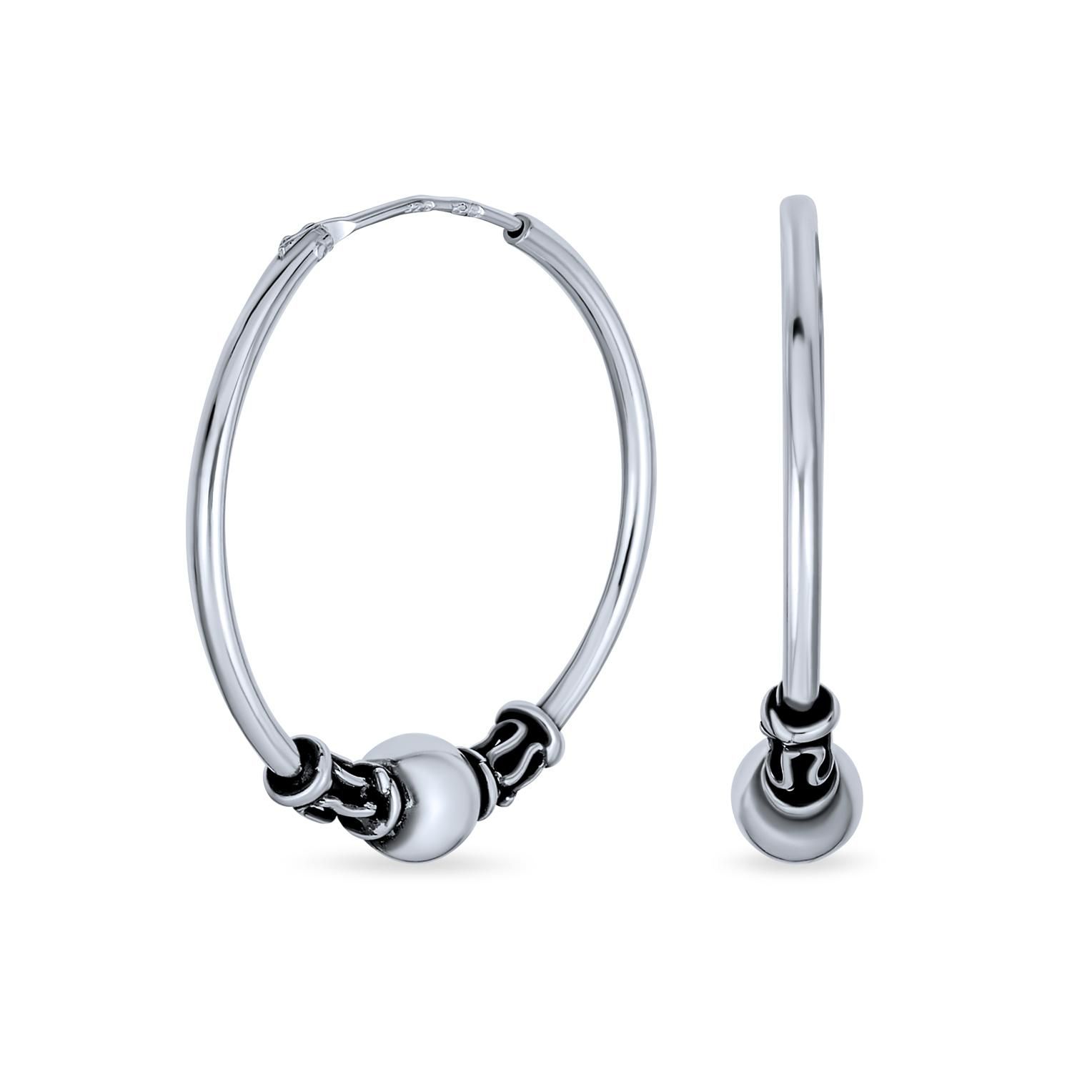 Balinese Bead Bali Endless Hoop Earrings 1" Oxidized .925 Sterling Silver