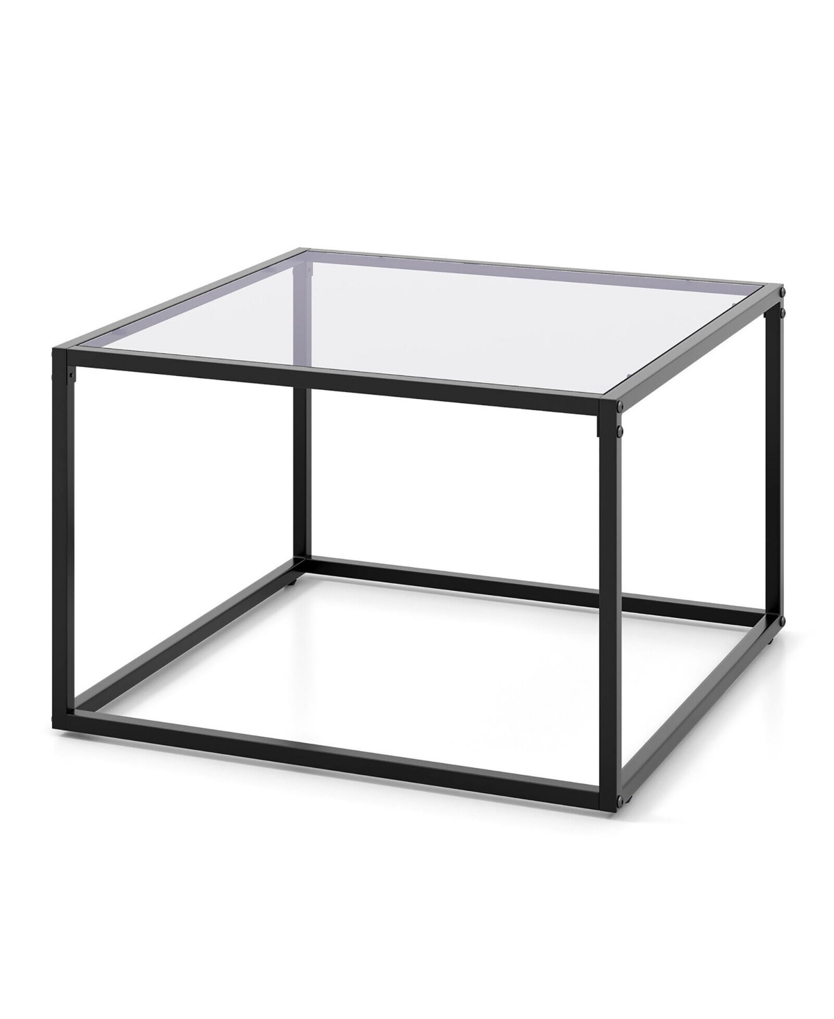 Gymax Glass Coffee Table Modern Square Metal Frame Living Room- Transparent+grey