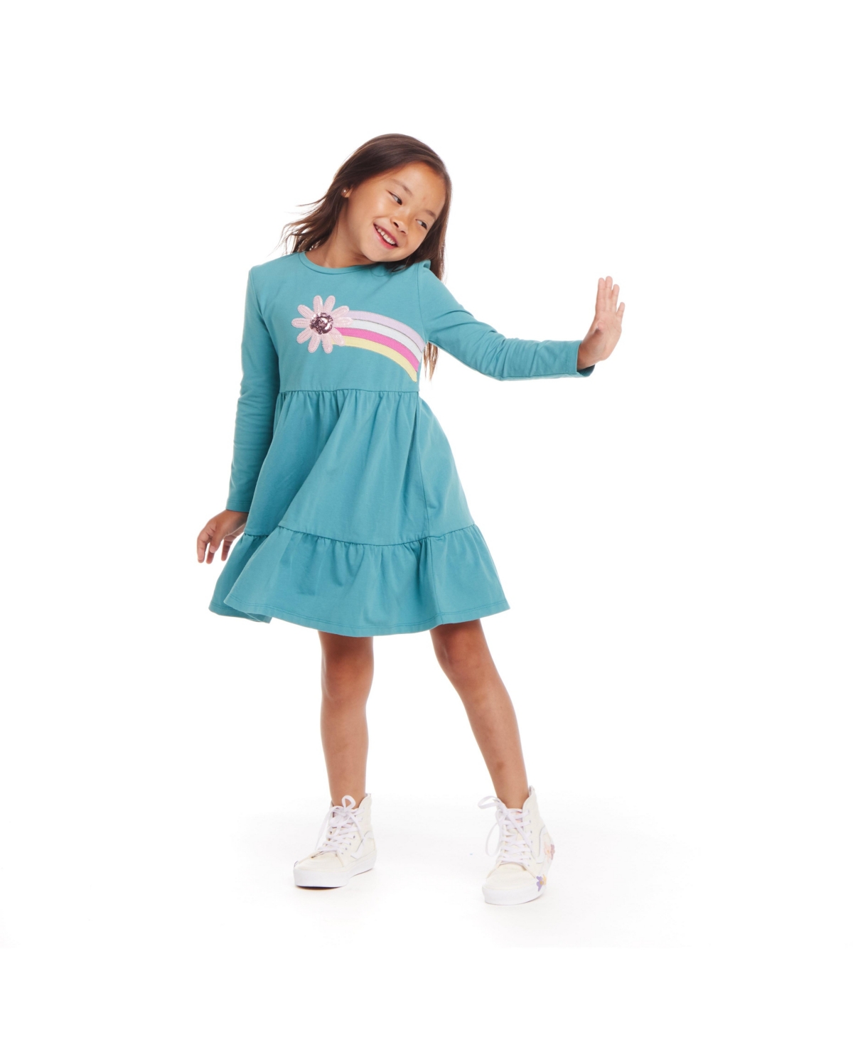 Andy & Evan Toddler Girls Toddler/Child Teal Jersey Dress w/Rainbow Graphic & Faux Fur Vest Set