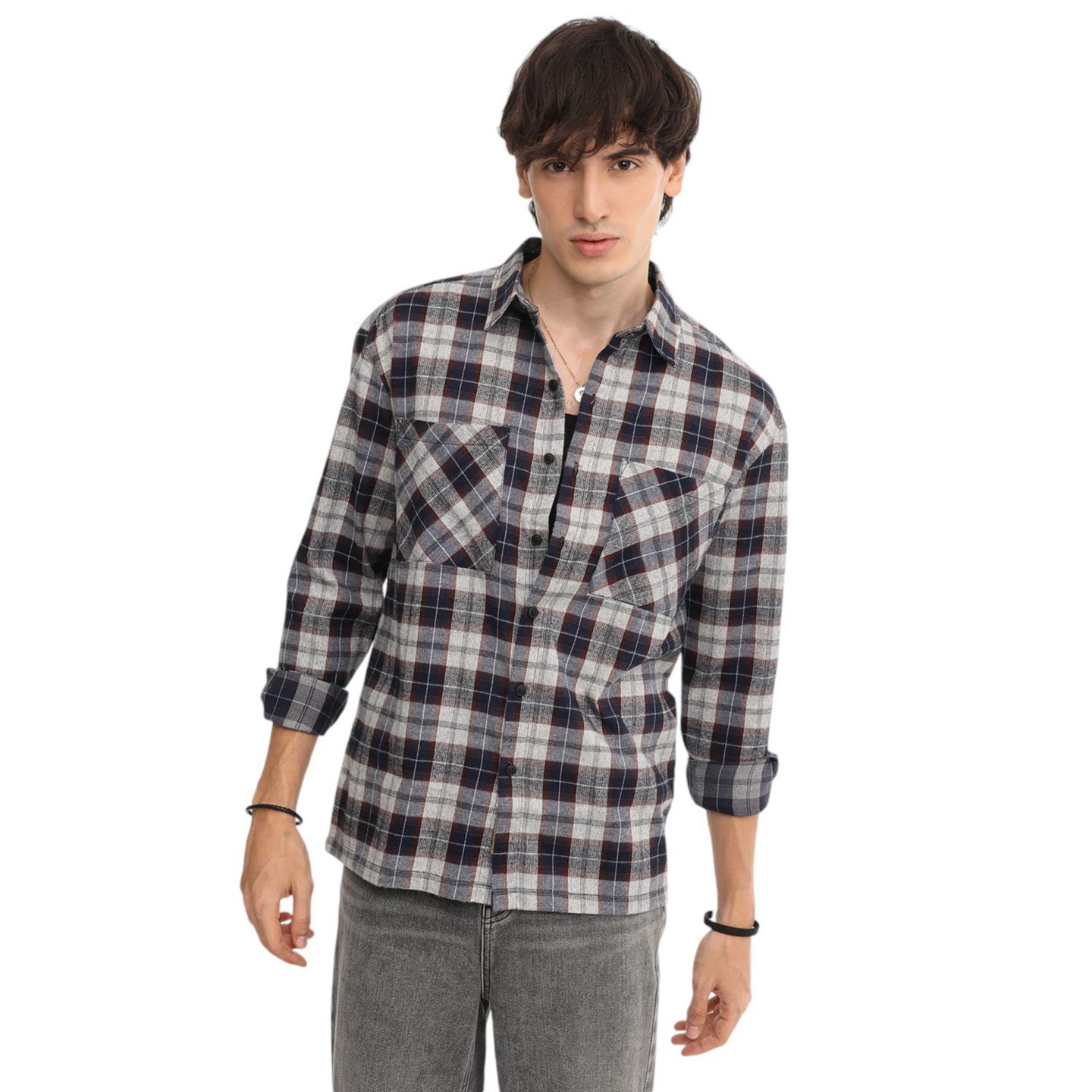 Мужская рубашка Cahoot Campus Sutra Navy Blue & Cloud Grey Tartan Plaid, цвет: Белый — фото 1