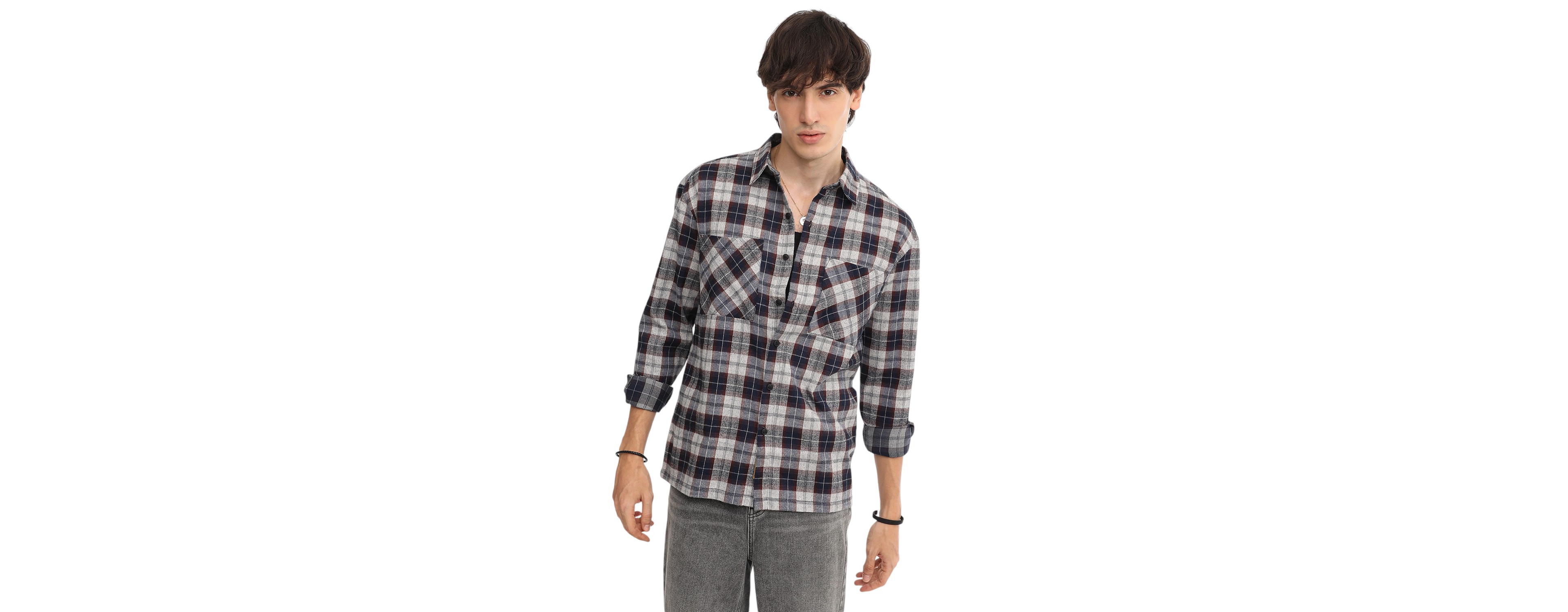 Men's Navy Blue & Cloud Grey Tartan Plaid Shirt