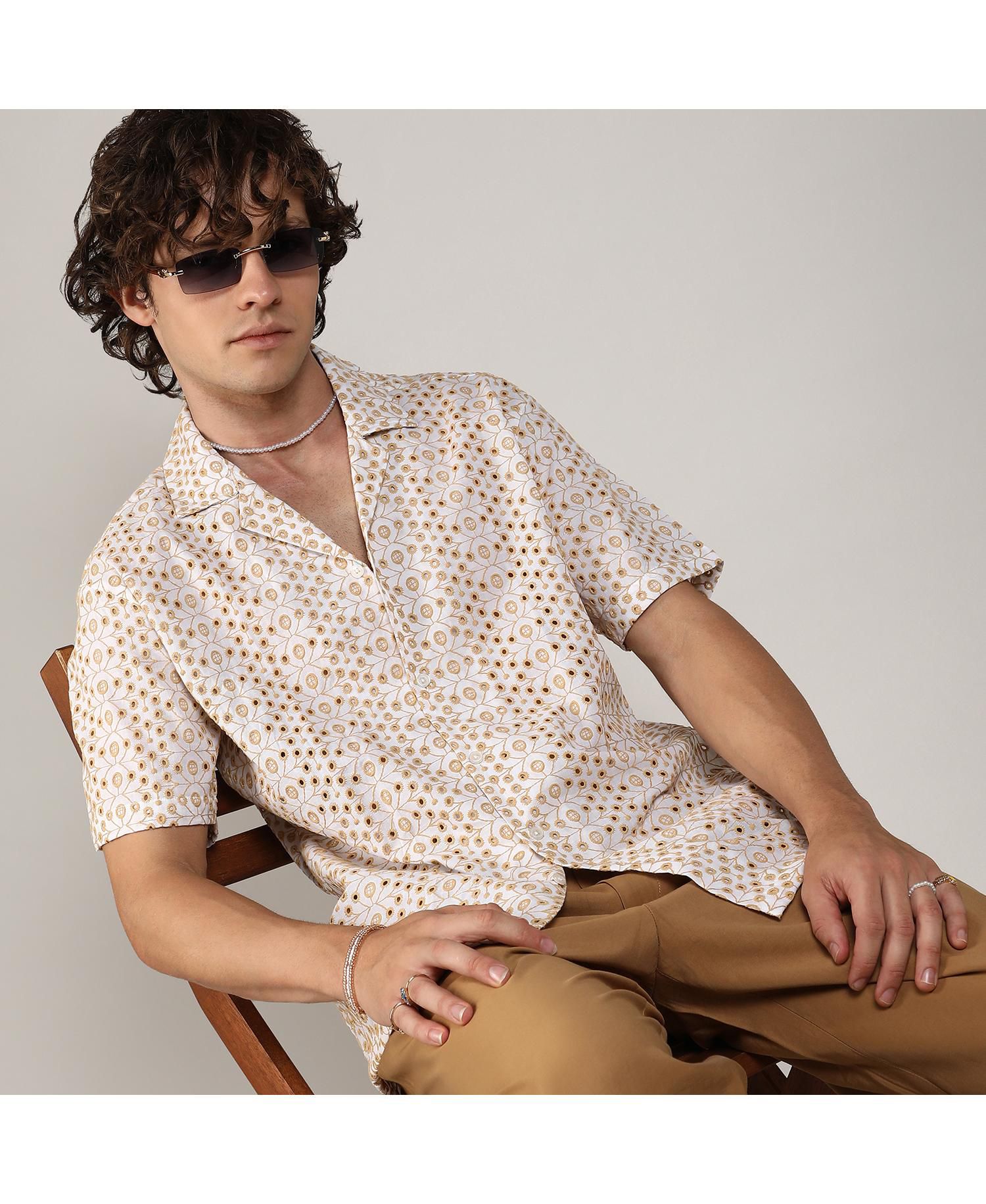 Men's Off-White & Tan Brown Embroidered Circular Shirt