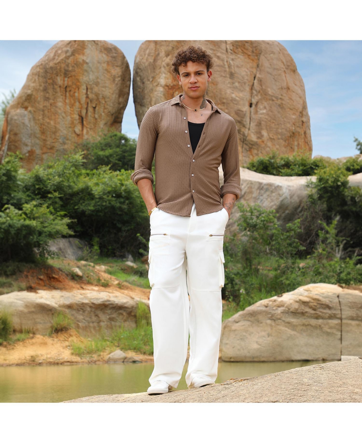 Campus Sutra Men's MochaHive-Textured Shirt - Brown
