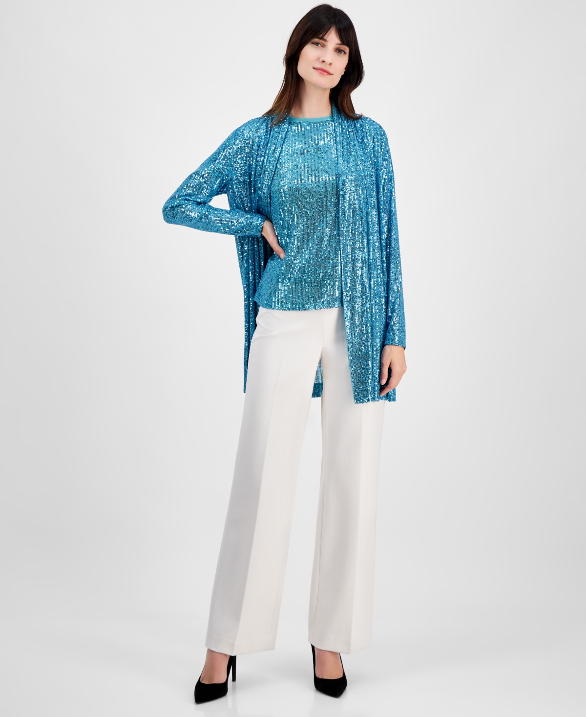 ANNE KLEIN WOMEN'S SEQUIN EMBELLISHED OPEN-FRONT JACKET 