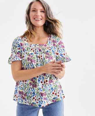 Style & Co - Petite Dainty Bloom Printed Flutter-Sleeve Top, Created for Macy's