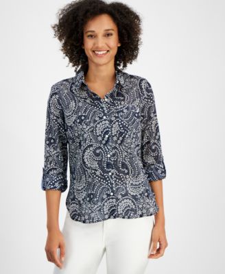Nautica Jeans - Women's Cotton Paisley-Print Roll-Tab Shirt