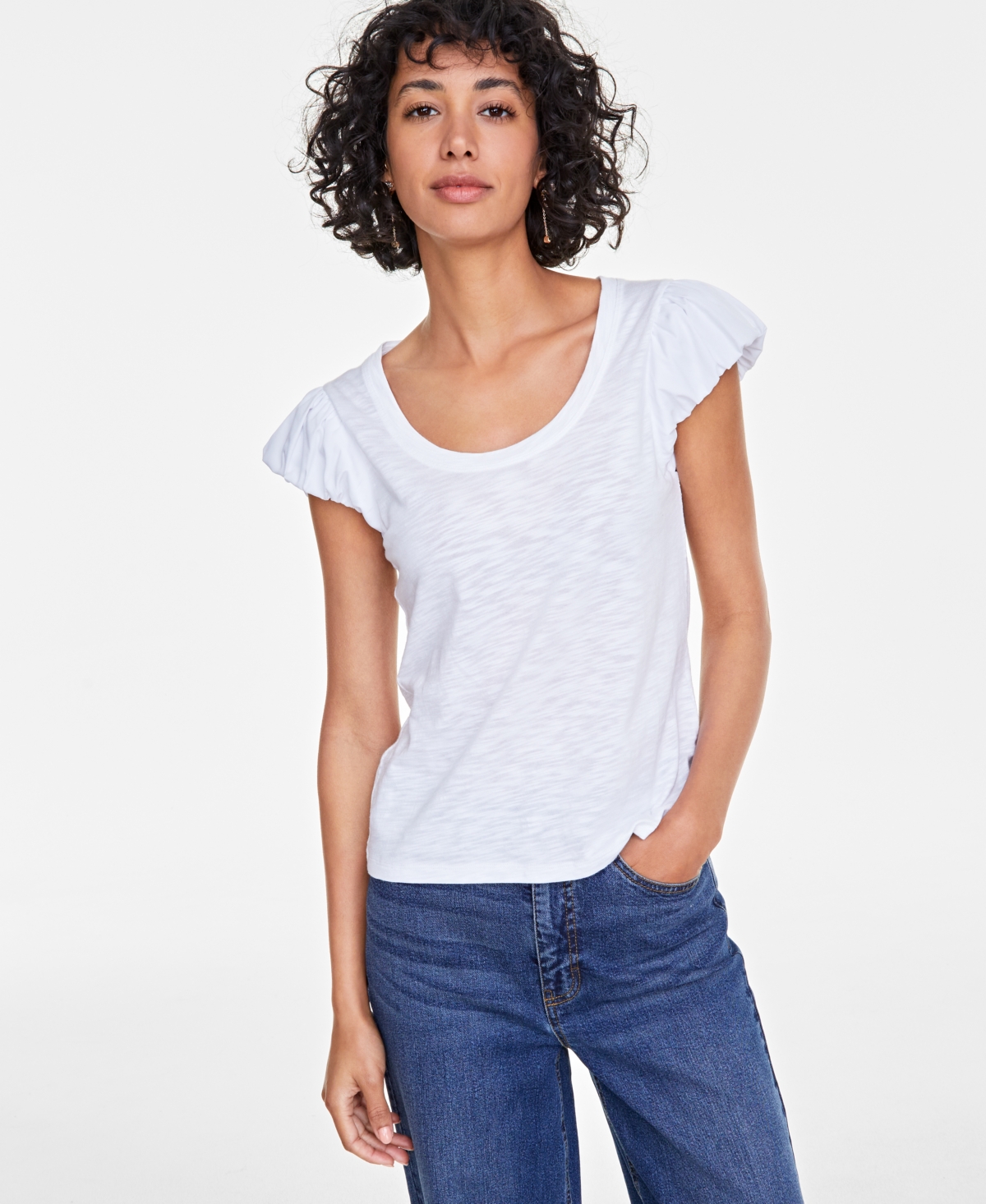 Women's Bubble-Sleeve Scoop-Neck T-Shirt, Created for Macy's - Bright White