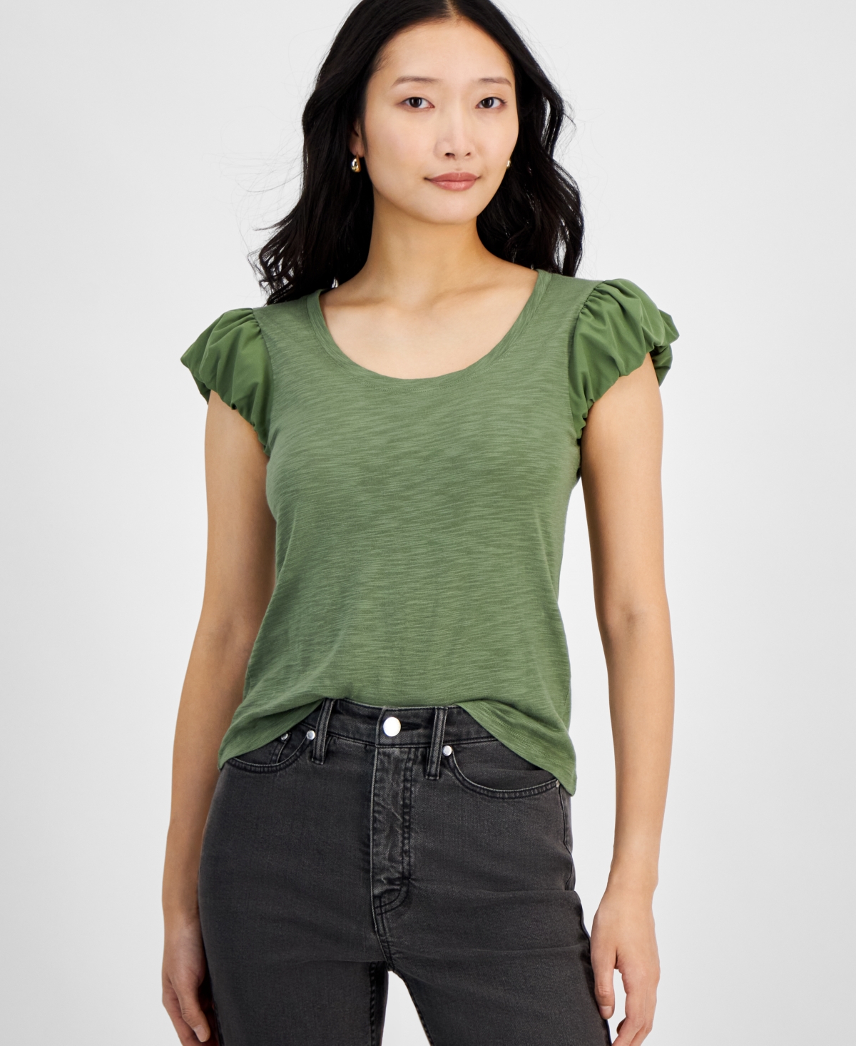 Women's Bubble-Sleeve Scoop-Neck T-Shirt, Created for Macy's - Rosewater