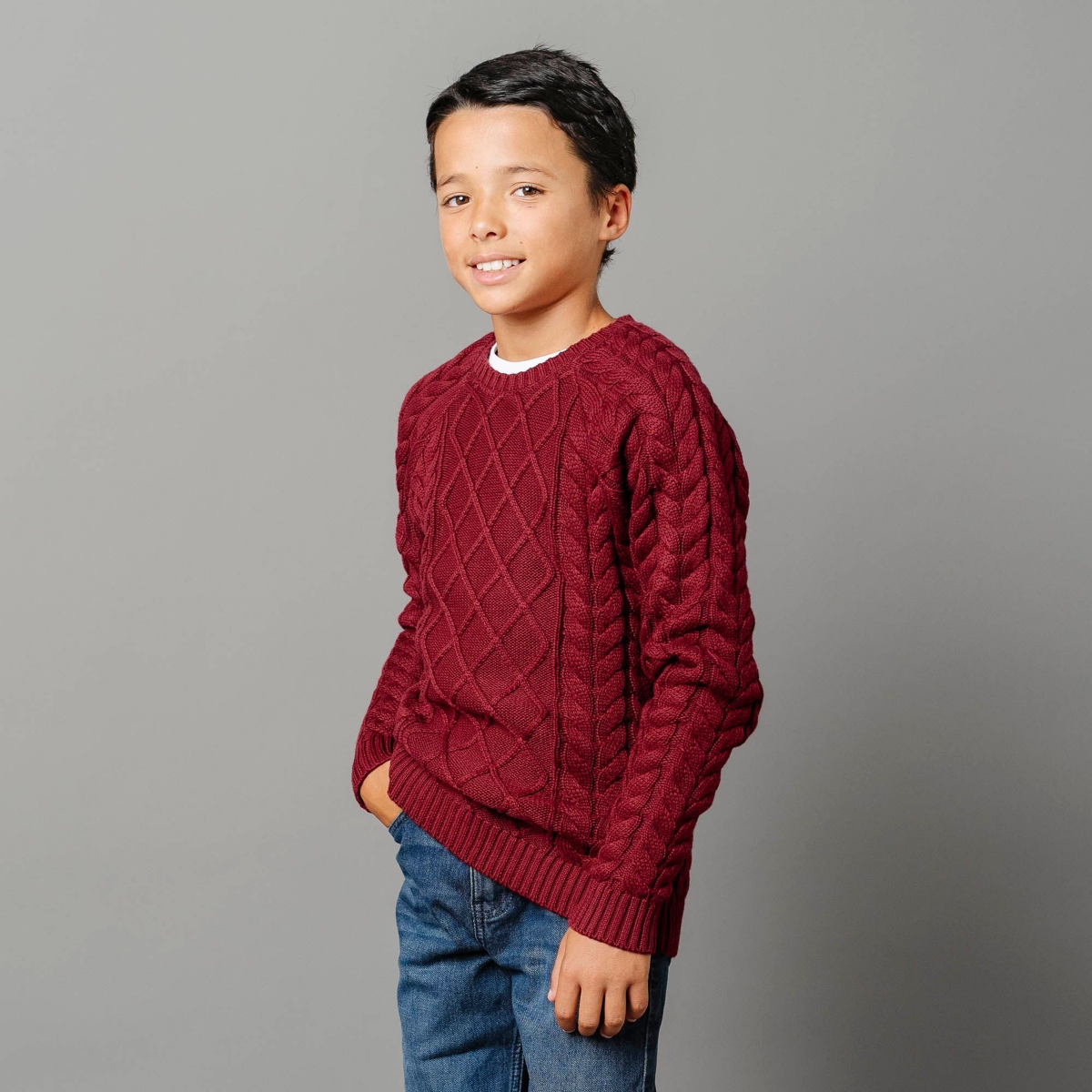 Hope & Henry Boys Organic Long Sleeve Raglan Fisherman Cable Sweater