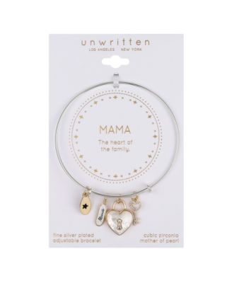 Cubic Zirconia and Mother of Pearl Heart Lock and Key "Mama" Bangle Bracelet