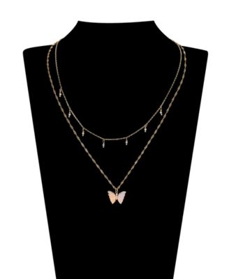 Opalite Butterfly and Glass Cultivated Pearl Layered Pendant Necklace Set