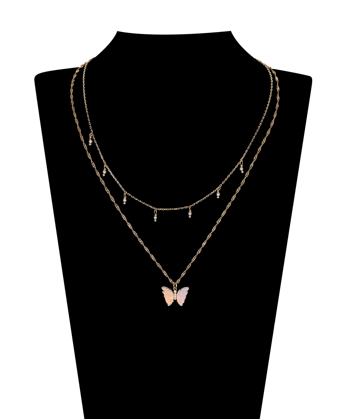 Unwritten Opalite Butterfly And Glass Cultivated Pearl Layered Pendant Necklace Set In Gold