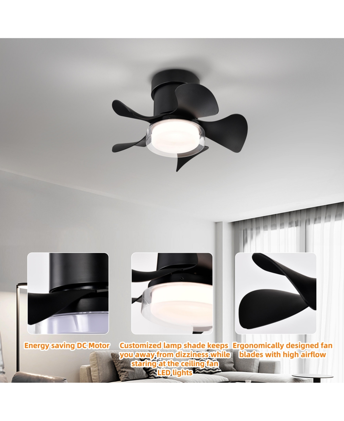 Slickblue Low Noise MatteAbs Blade Ceiling Fan with Remote & Led Light – Ideal for Kitchen, Bedroom, Dining Room, Patio - Black