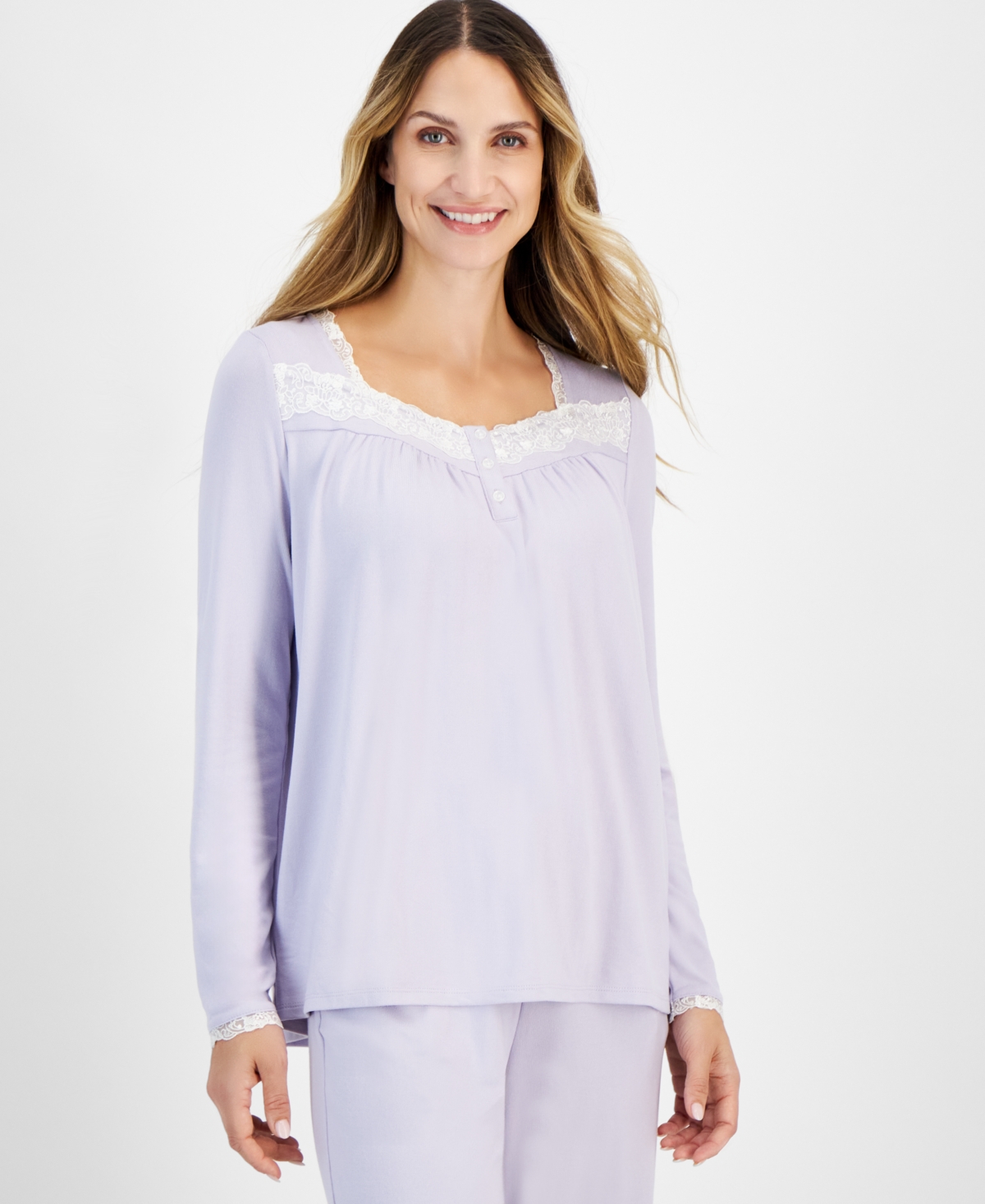 CHARTER CLUB WOMEN'S LACE-TRIM HENLEY PAJAMA SET, CREATED FOR MACY'S 