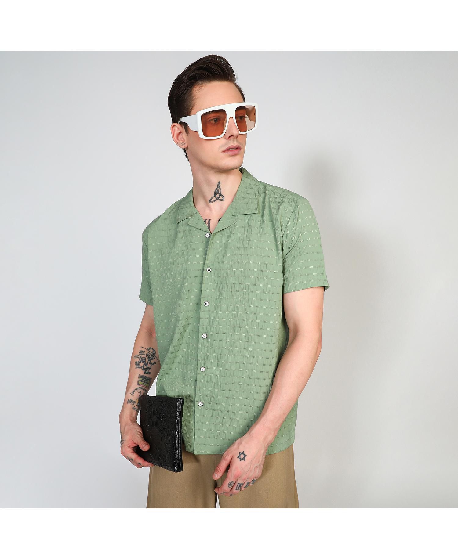 Men's Pistachio Green Embroidered Creased Shirt