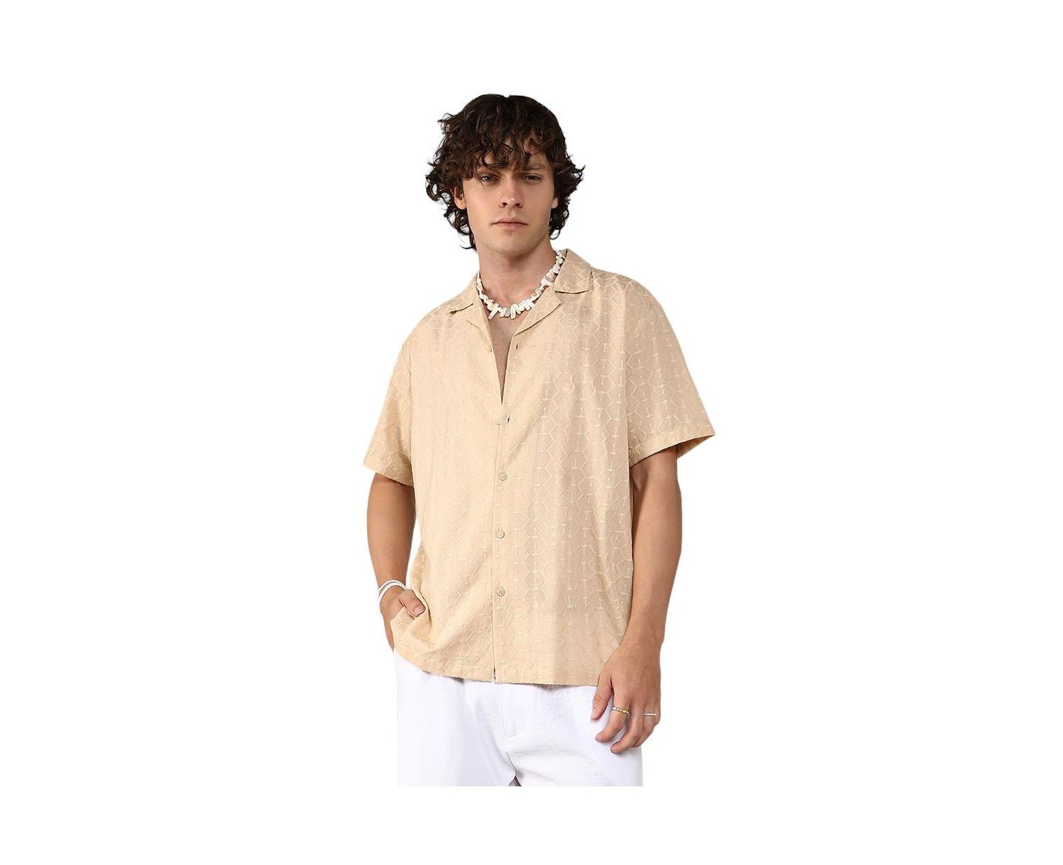 Men's Beige Embroidered Geometric Shirt