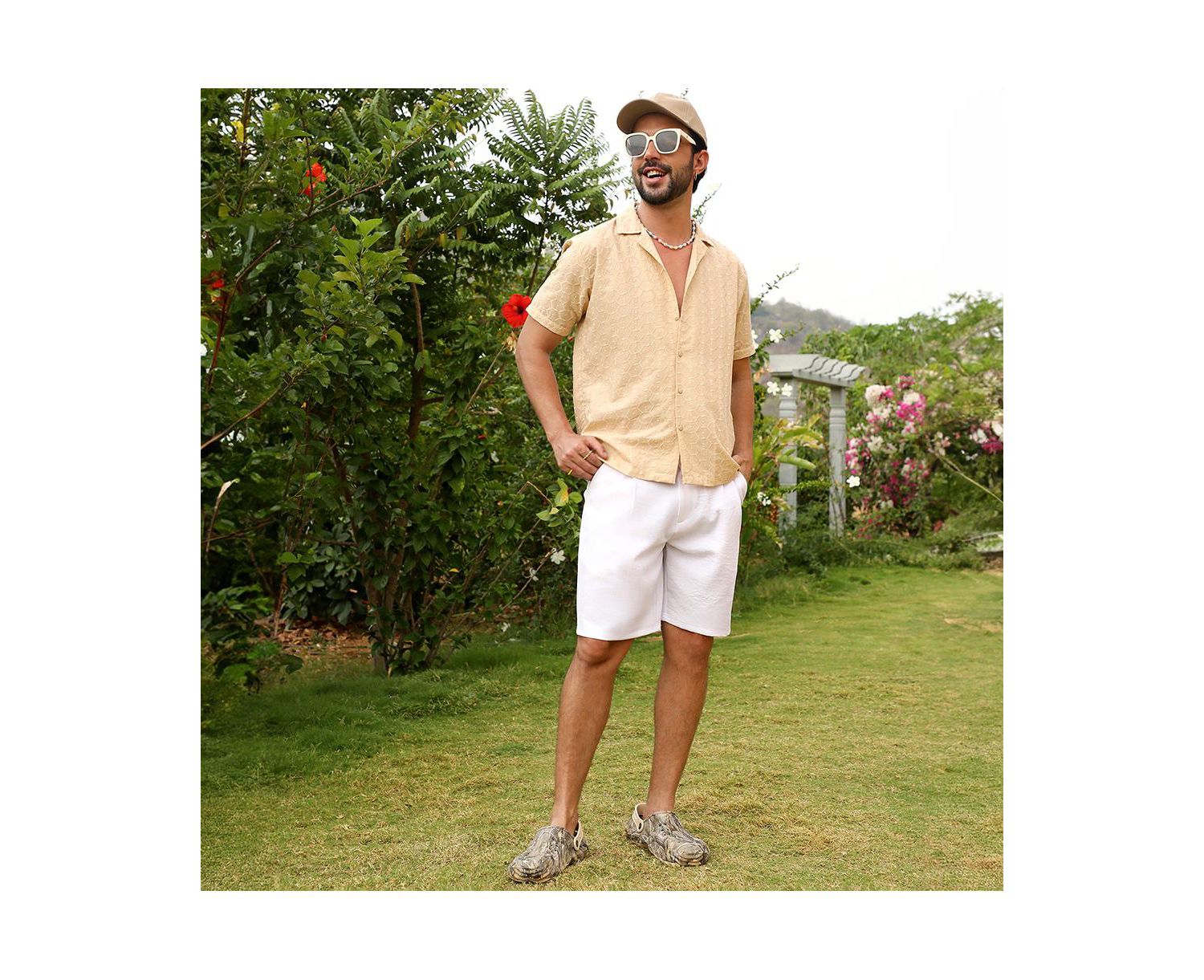 Men's Beige Embroidered Geometric Shirt