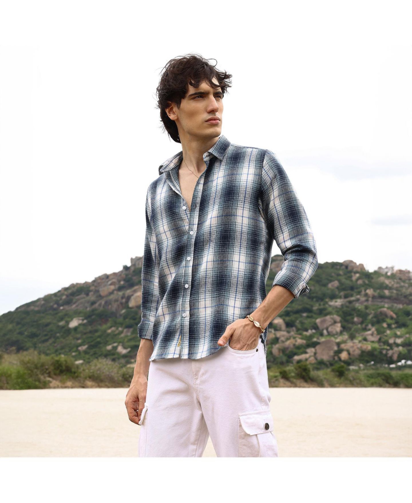 Мужская рубашка Cahoot Campus Sutra Navy Blue & Ivory White Ombre Buffalo Check, цвет: Синий — фото 3