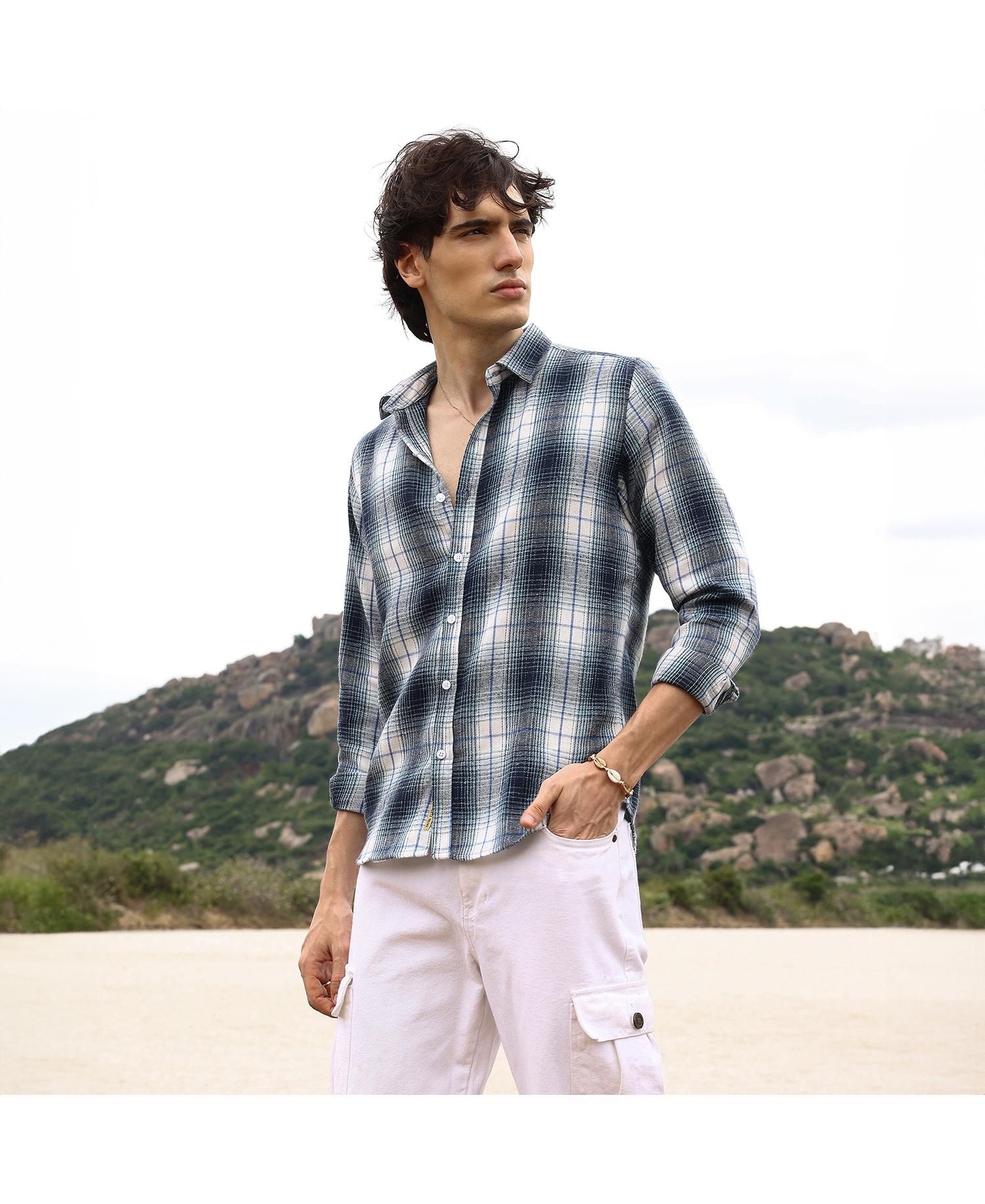 Men's Navy Blue & Ivory White Ombre Buffalo Check Shirt