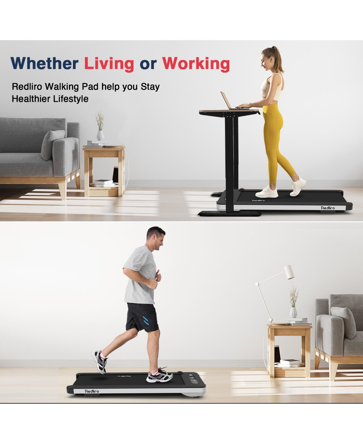 Redliro Under Desk Treadmill Walk Pad 2.25HP 300LBS Anti-Slip Belt Compact for Home Office,- Silver